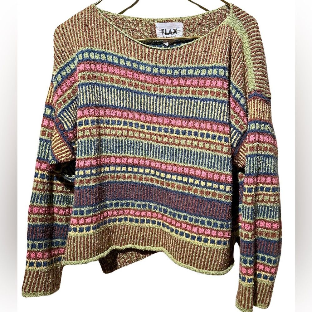 FLAX m/l vintage cotton blend knit sweater crochet medium large green pink plaid